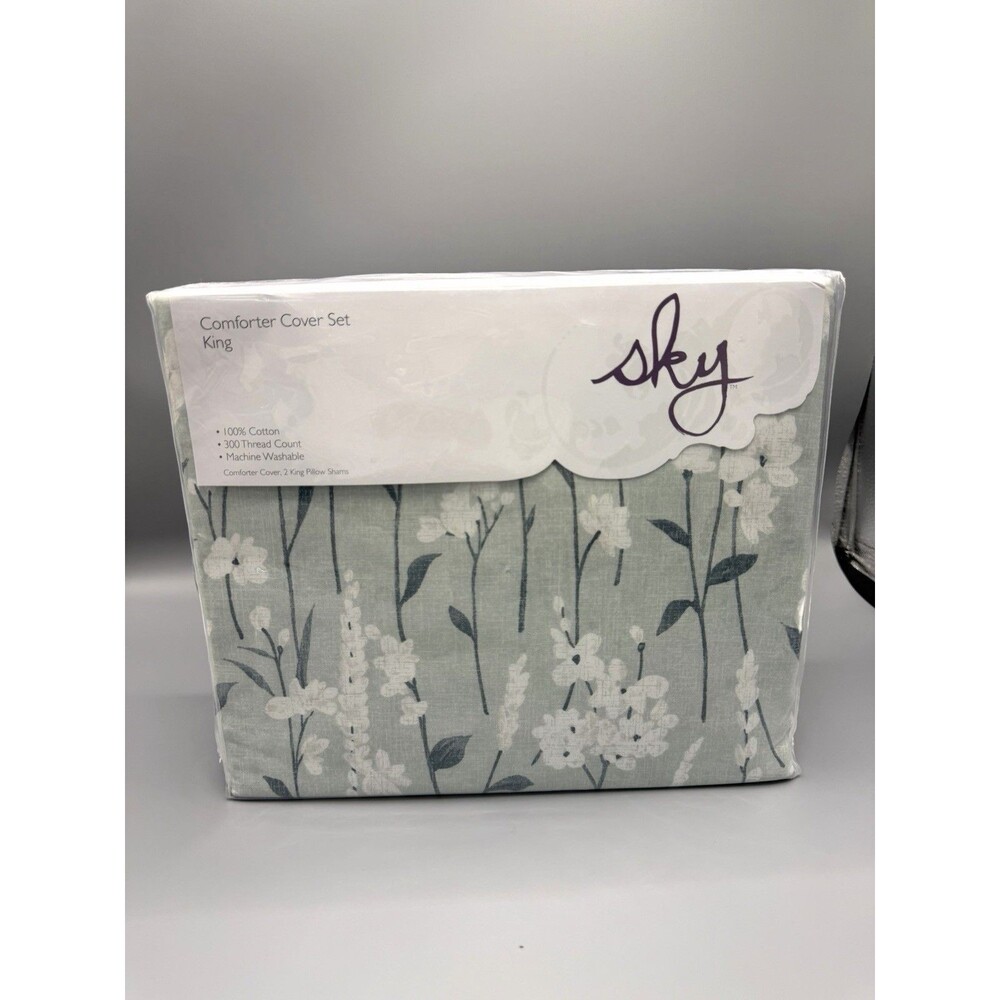 Sky Field Flowers Cotton KING Duvet Cover + 2 KING Shams Set Aqua Green